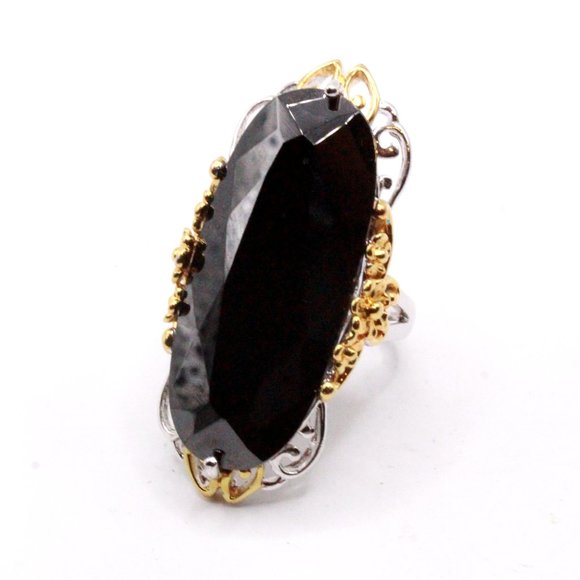 Sterling Silver Black Elongated CZ QVC Two Tone Statement Cocktail Ring - Picture 1 of 9